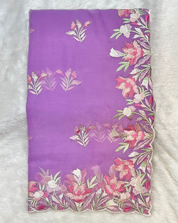 Lavender Colour Crunchy Silk Thread Work Saree