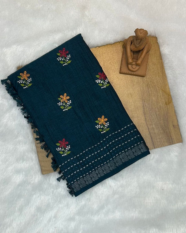 Kerosene Blue  Colour Katha Work Cotton Saree