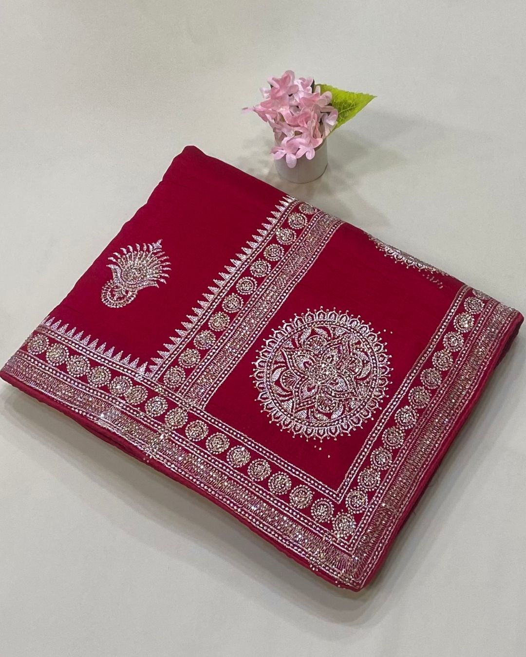 Pink Colour Vichitra Silk Wok Saree