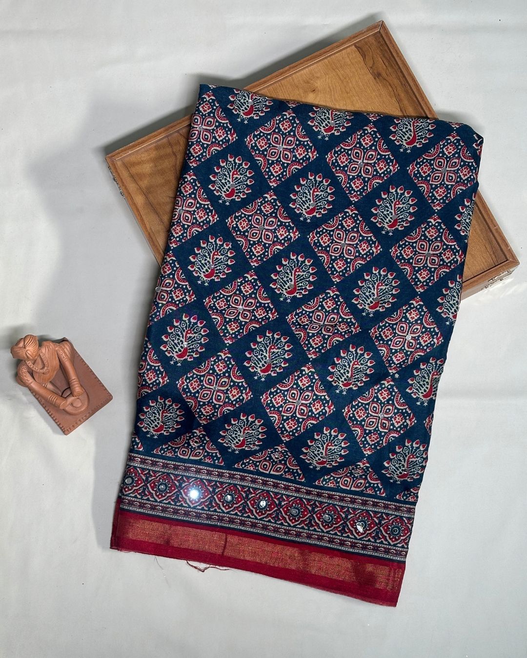 Petrol Blue Colour Ajrakh Print Mirror work Saree
