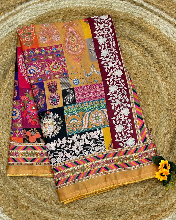 0ld Gold Colour Digital Patchwork Printed Saree