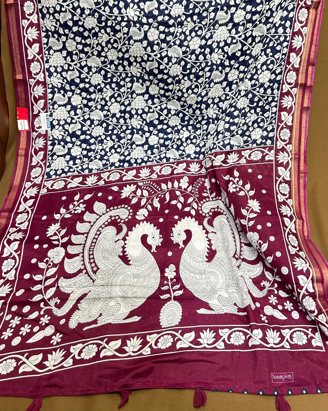 Indigo Blue Colour Mal Cotton Kalamkari Printed Saree with Contrast Blouse