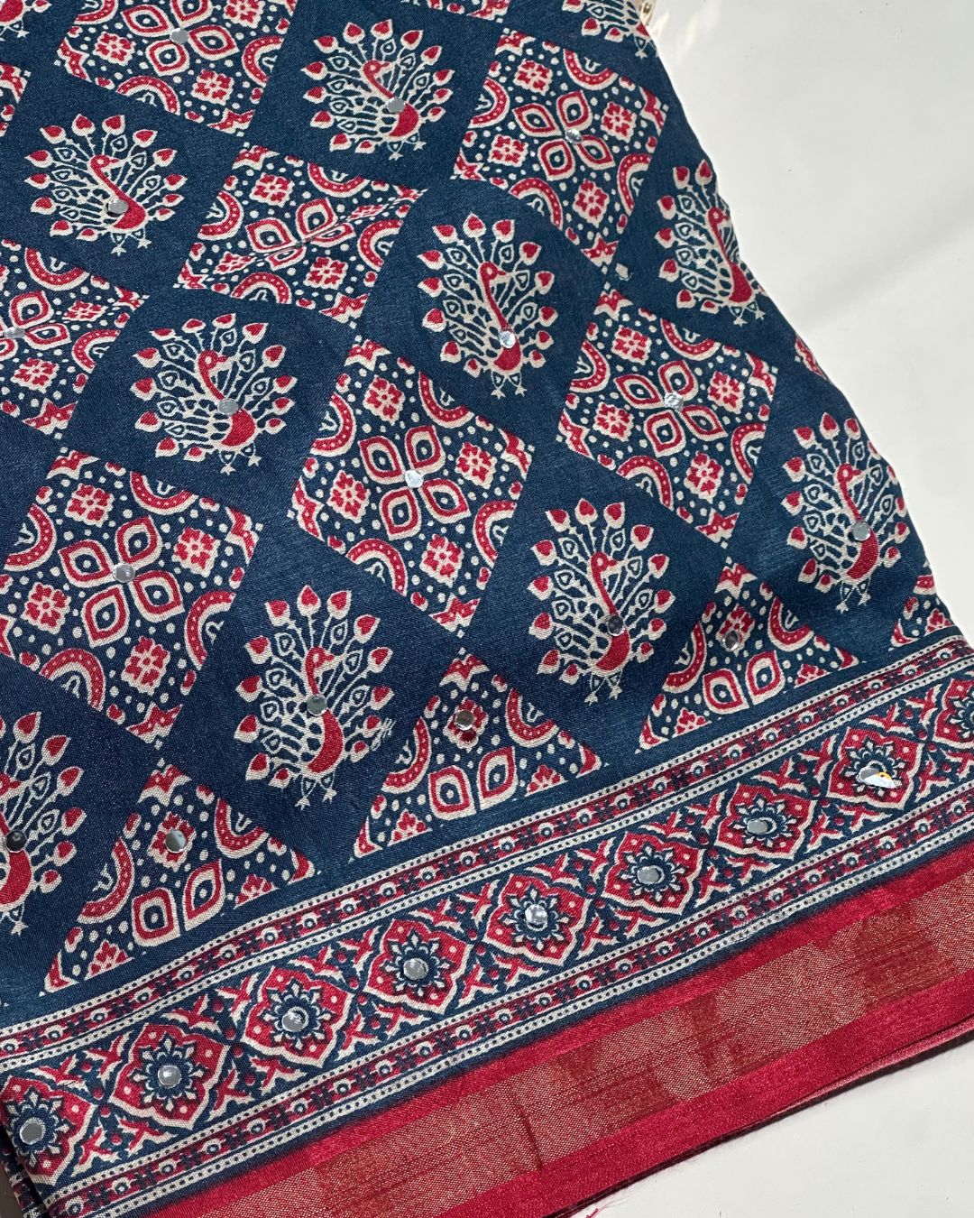 Petrol Blue Colour Ajrakh Print Mirror work Saree