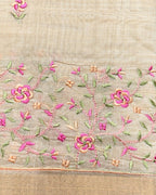 Golden Beige Tissue Cotton Saree with Elegant Pink Floral Thread Embroidery