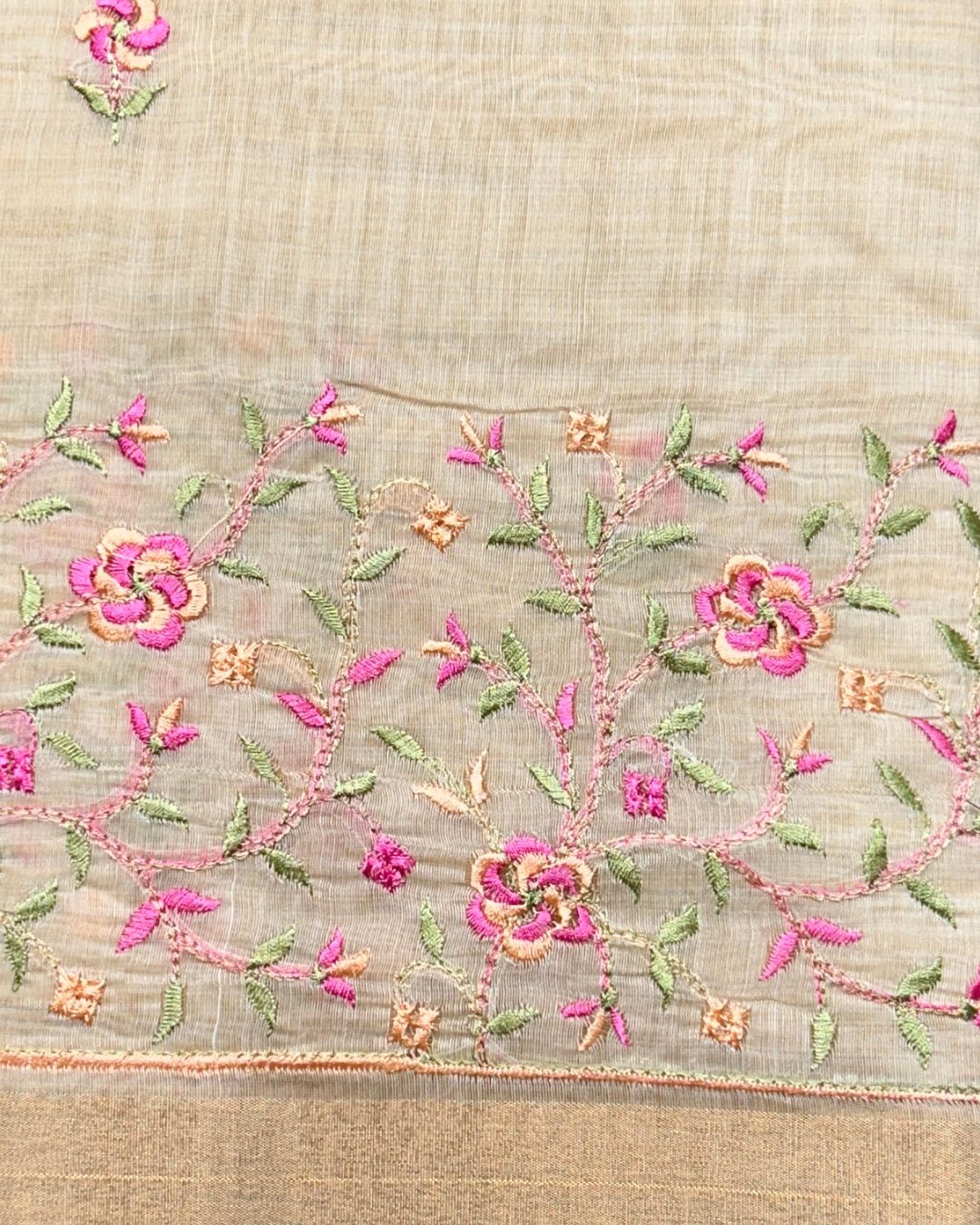 Golden Beige Tissue Cotton Saree with Elegant Pink Floral Thread Embroidery