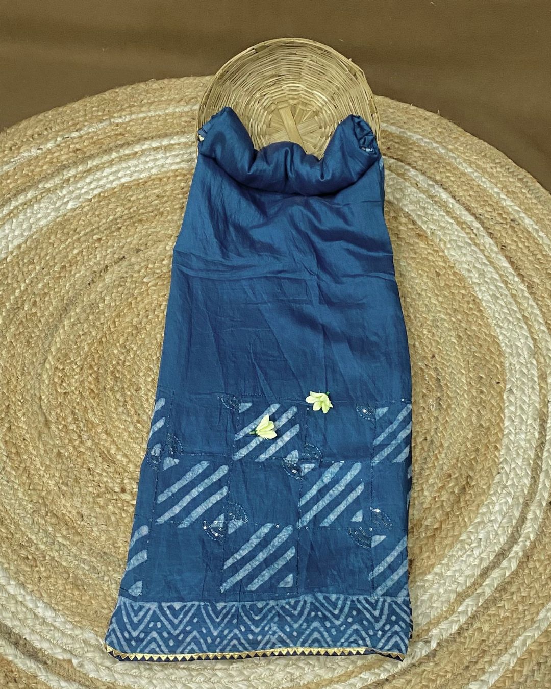 Petrol Blue Colour Batik Cotton Saree