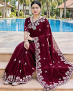 Deep Maroon Colour Vichitra Silk Cut Wok Border Saree