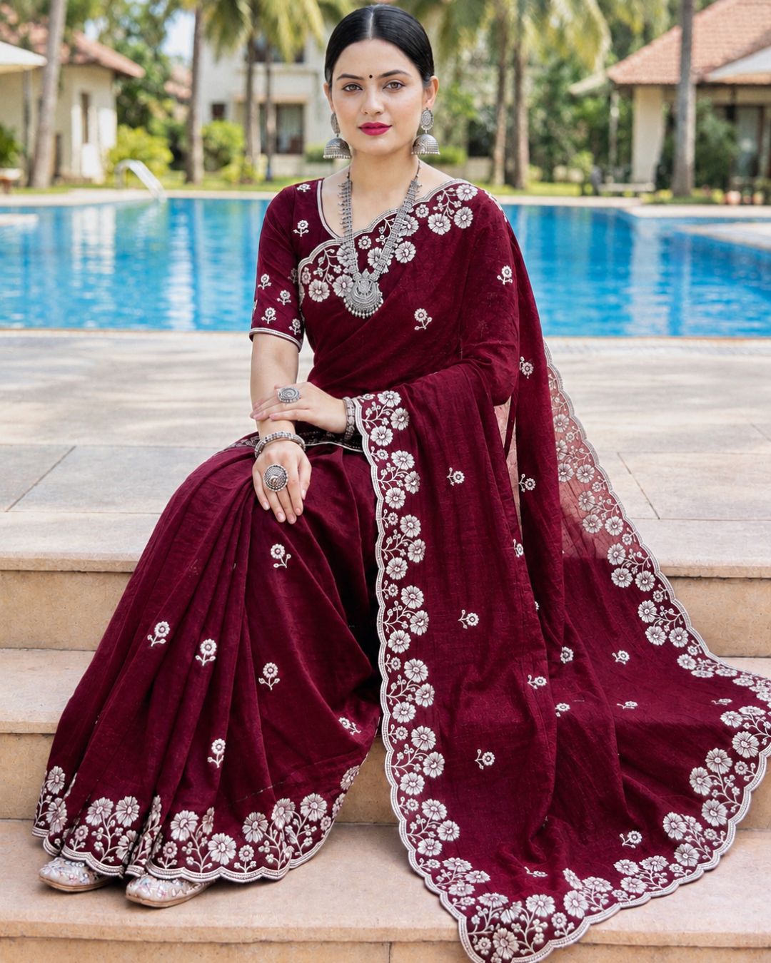 Deep Maroon Colour Vichitra Silk Cut Wok Border Saree
