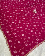 Rani Pink Colour Chiffon Batik Print lace Border Saree
