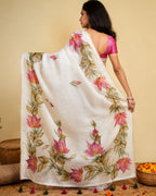 White Colour Linen Cotton Lotus Floral Saree