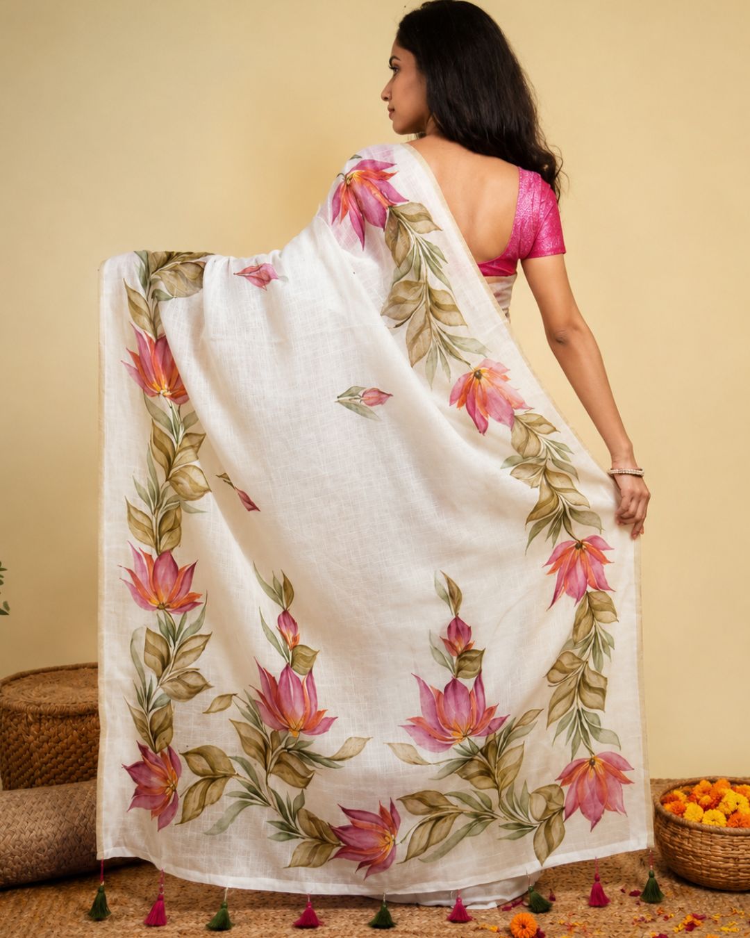 White Colour Linen Cotton Lotus Floral Saree