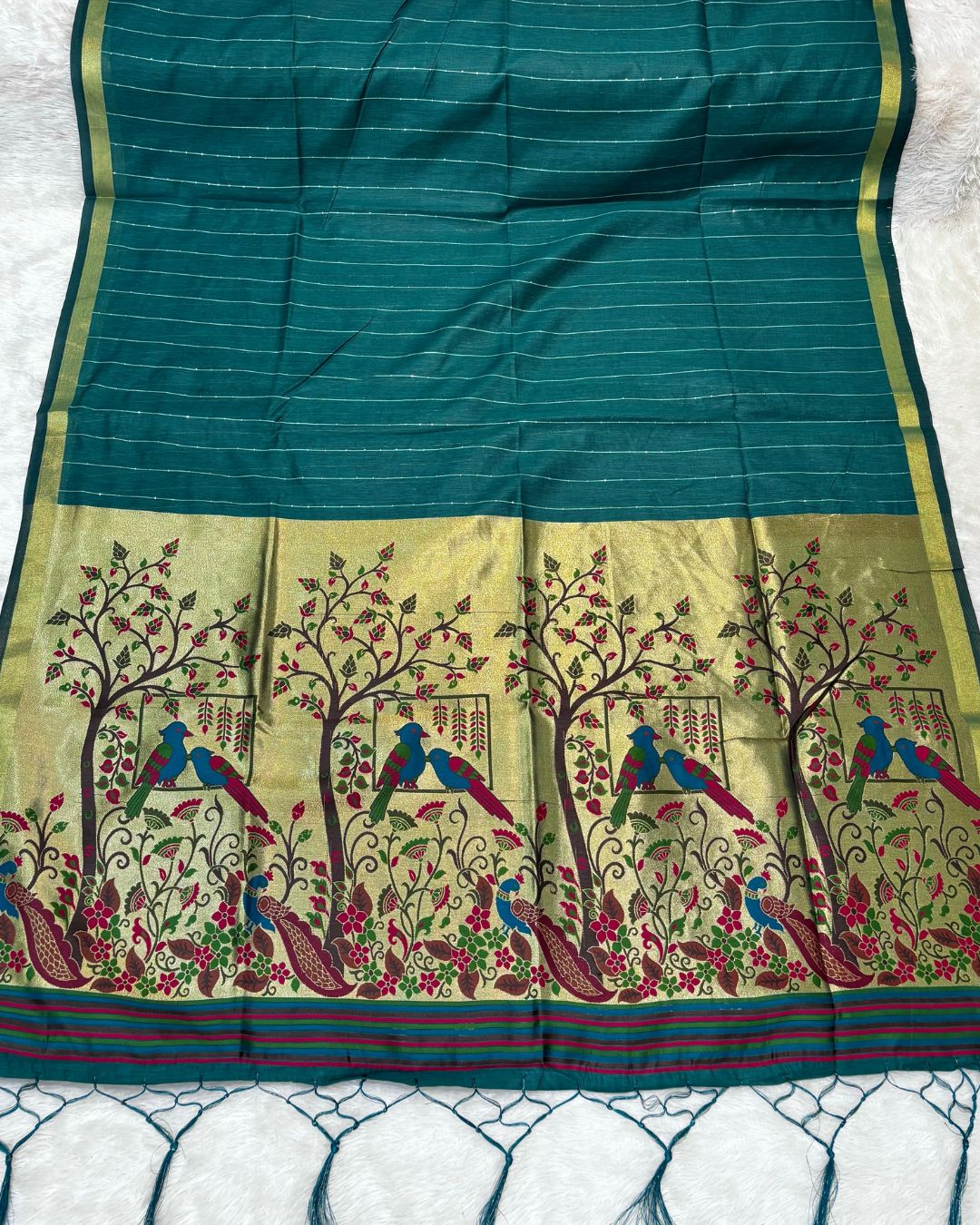 Dark rama green Colour Cotton Jamdani Saree with Sequin Work