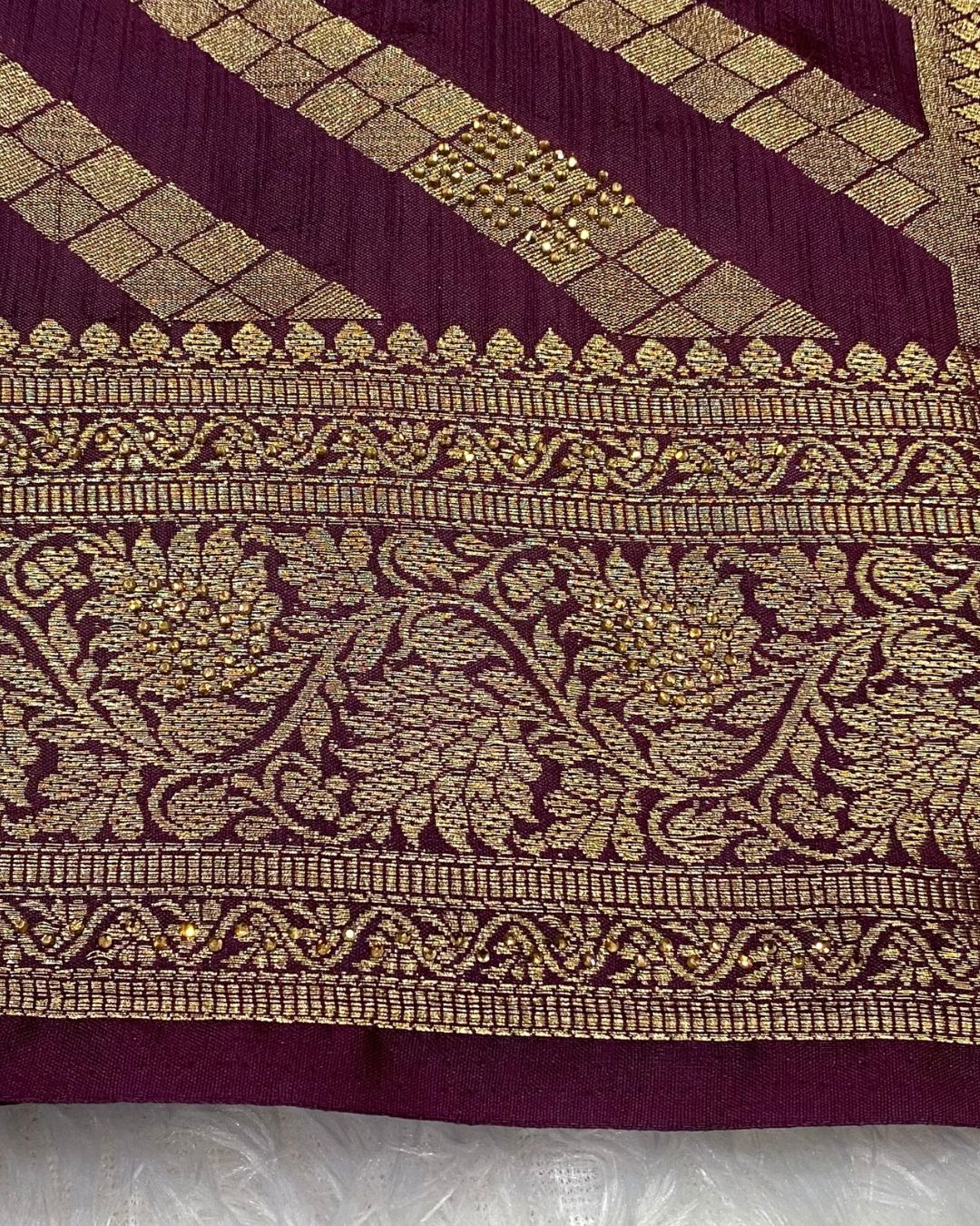 Dark Wine Colour Vichitra Silk Swarovski Work Saree
