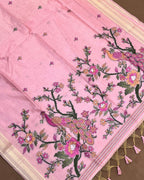Flamingo Pink Colour Lotus Flower Thred work Cotton Saree