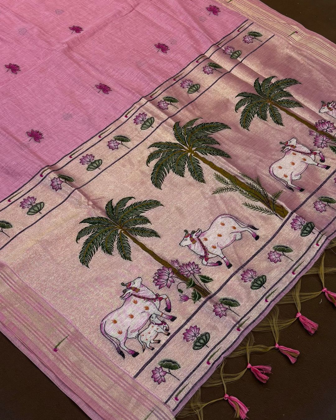 Flamingo Pink  Colour Thread work Cotton Saree