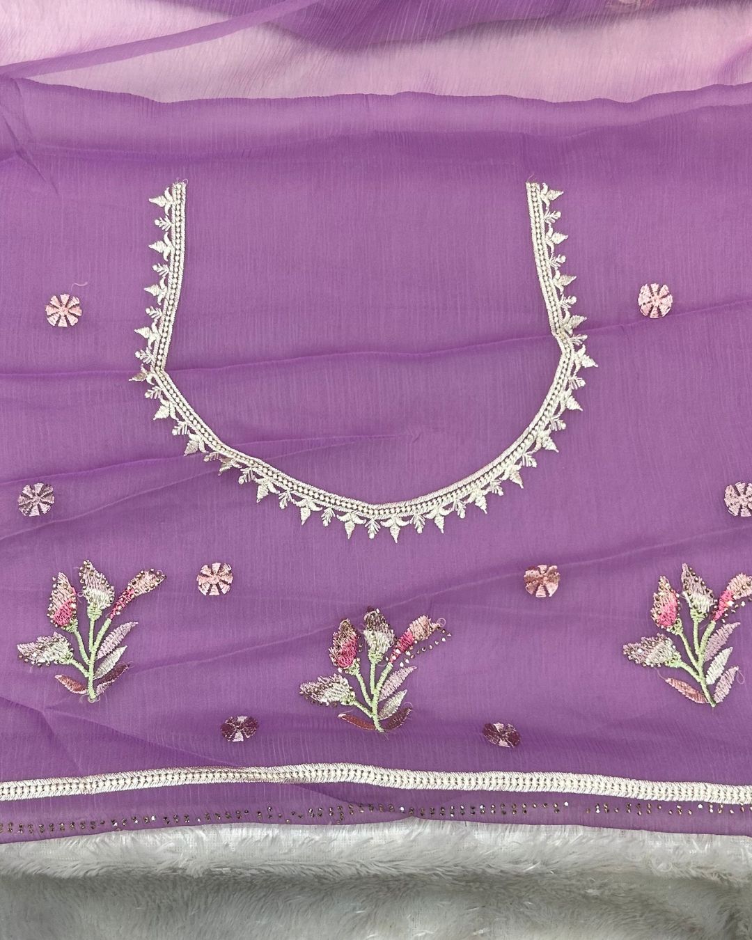 Lavender Colour Crunchy Silk Thread Work Saree