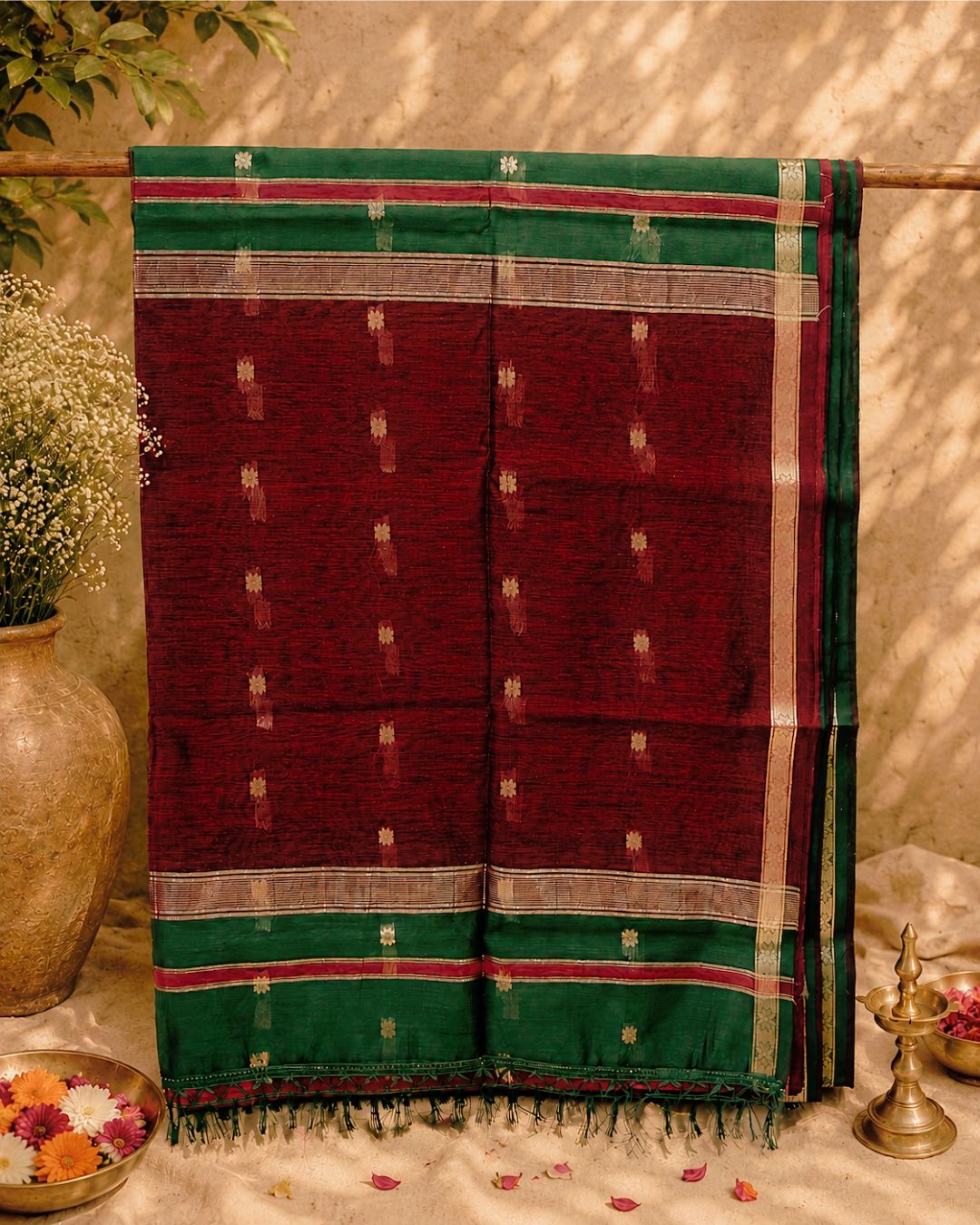 Bottle Green Colour Maheshwari Cotton Saree with Contrast Pallu & Blouse