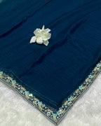 Petrol Blue Colour Chiffon Saree With Contrast Blouse