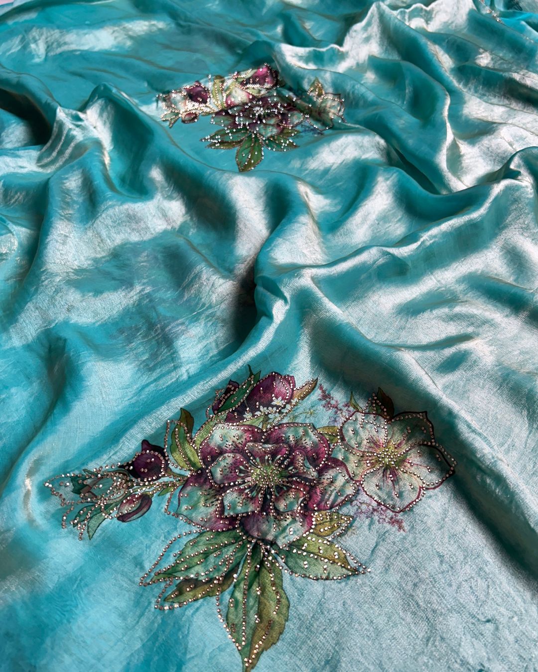Sky Blue Colour Organza Saree with Floral Applique work
