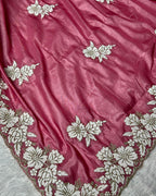 Onion Pink Colour Shimmer Saree with Heavy Floral Embroidery Border