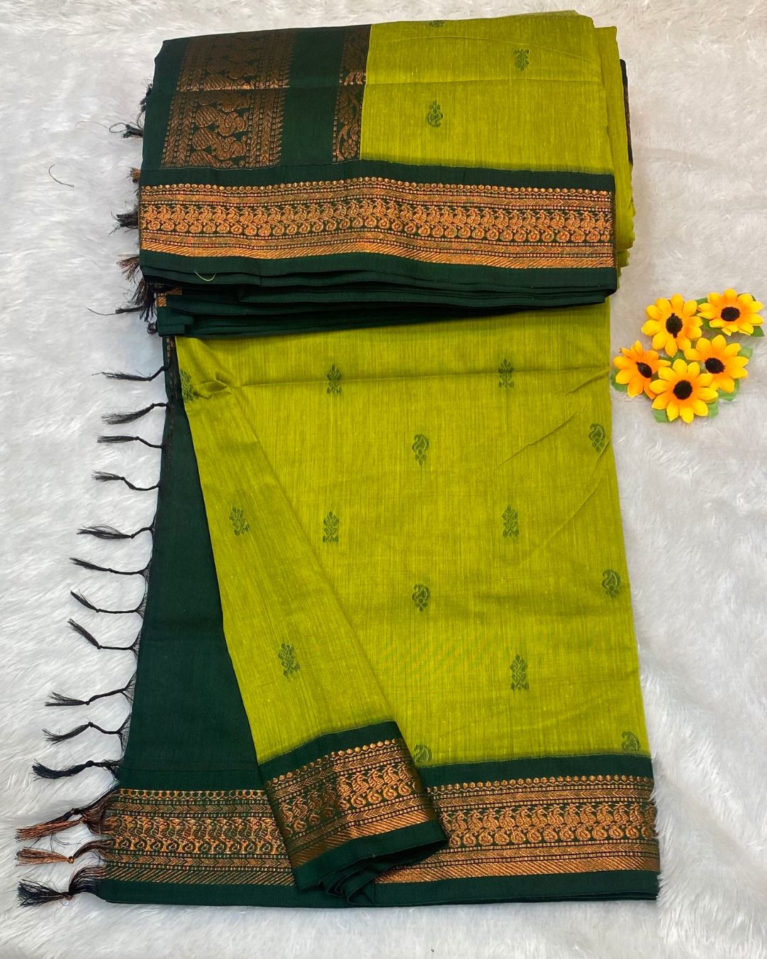 Dusty Parrot Green Colour Gadwal Cotton Silk Saree
