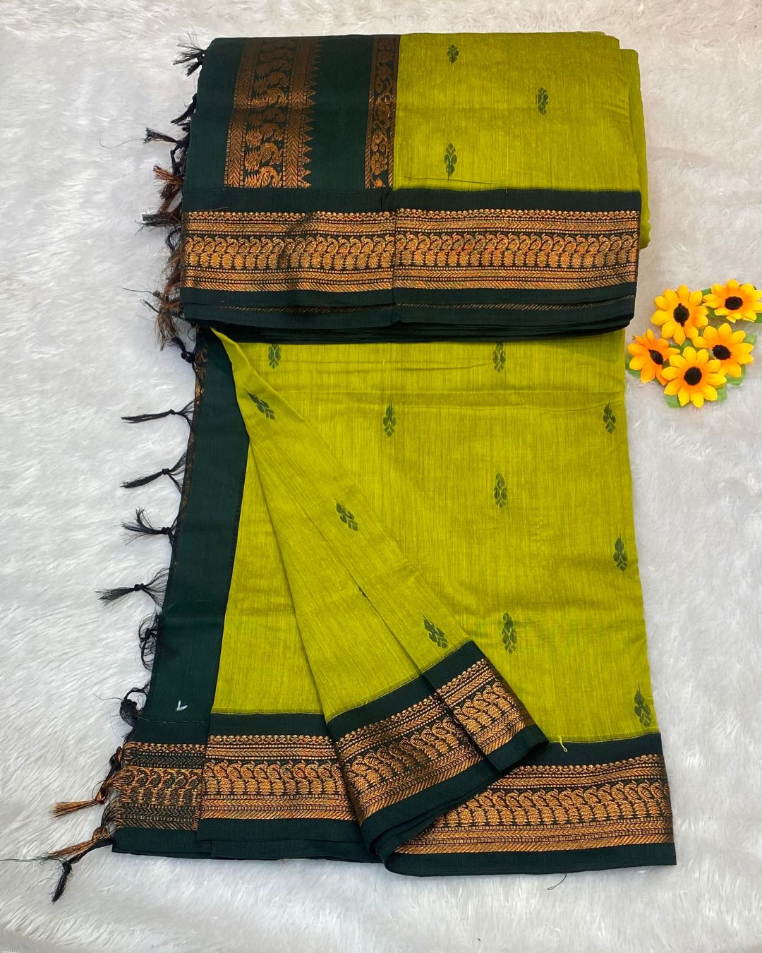 Dusty Parrot Green Colour Gadwal Cotton Silk Saree