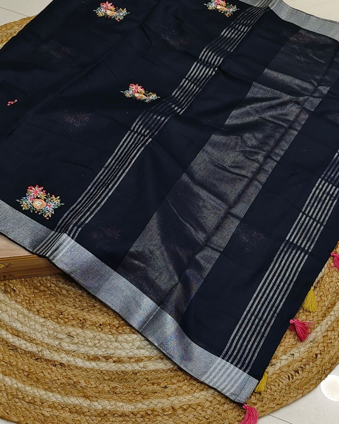Navy Blue Colour Jute Cotton Saree