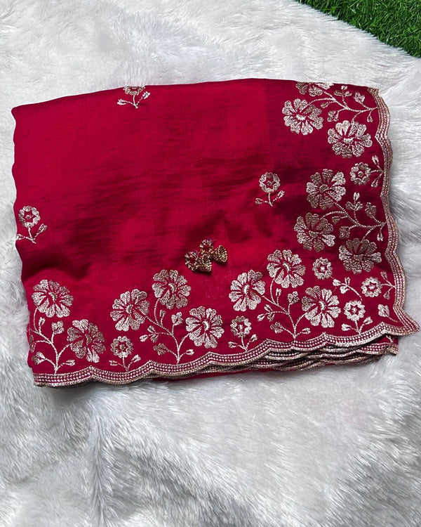 Cherry Pink Colour Vichitra Silk Cut Wok Border Saree