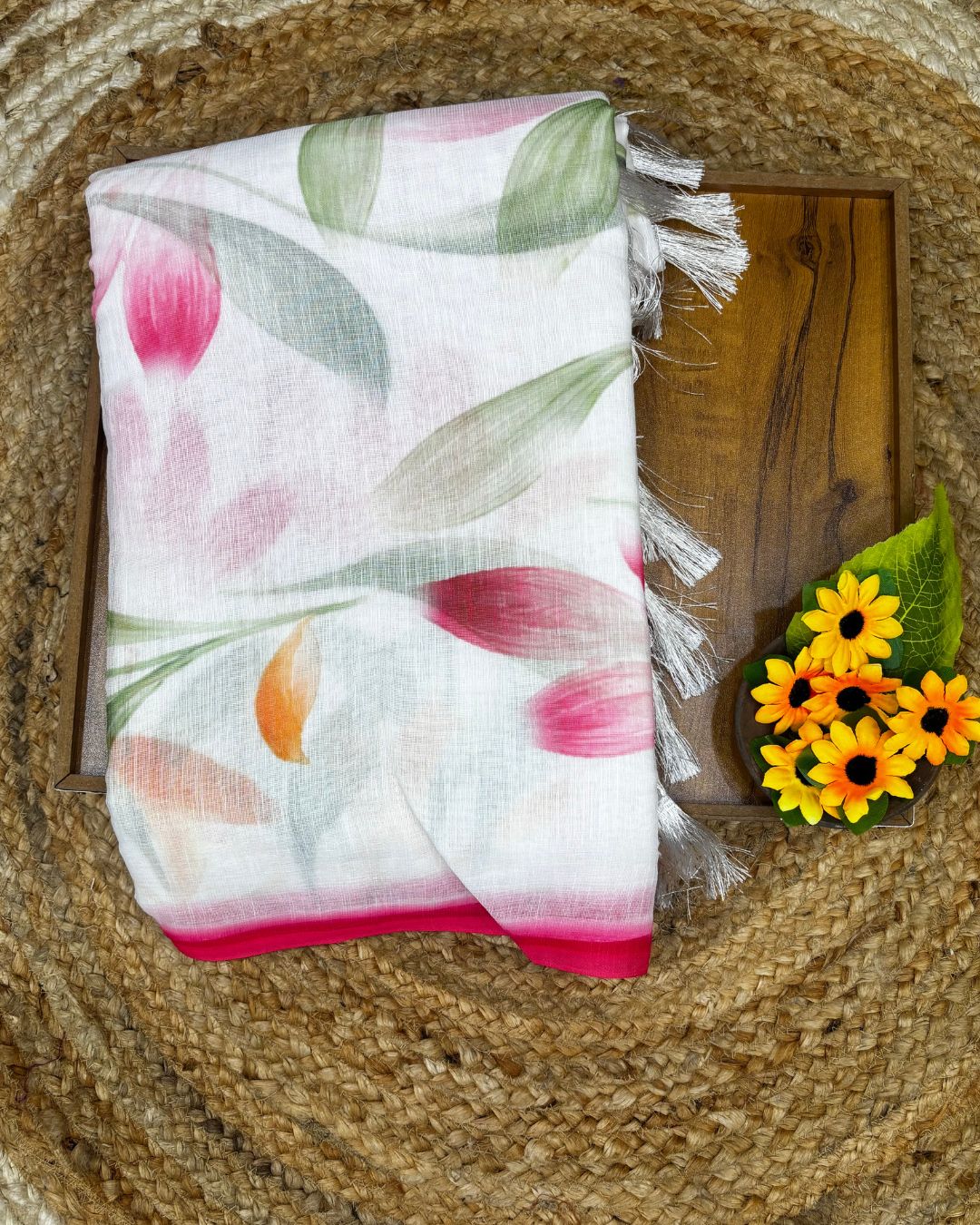 White Colour Linen Floral Cotton Saree