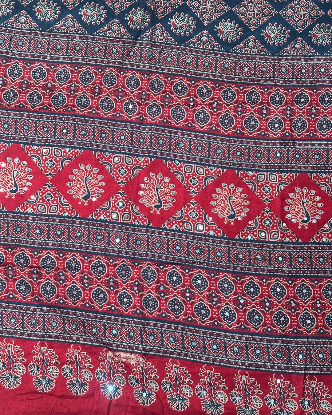 Petrol Blue Colour Ajrakh Print Mirror work Saree