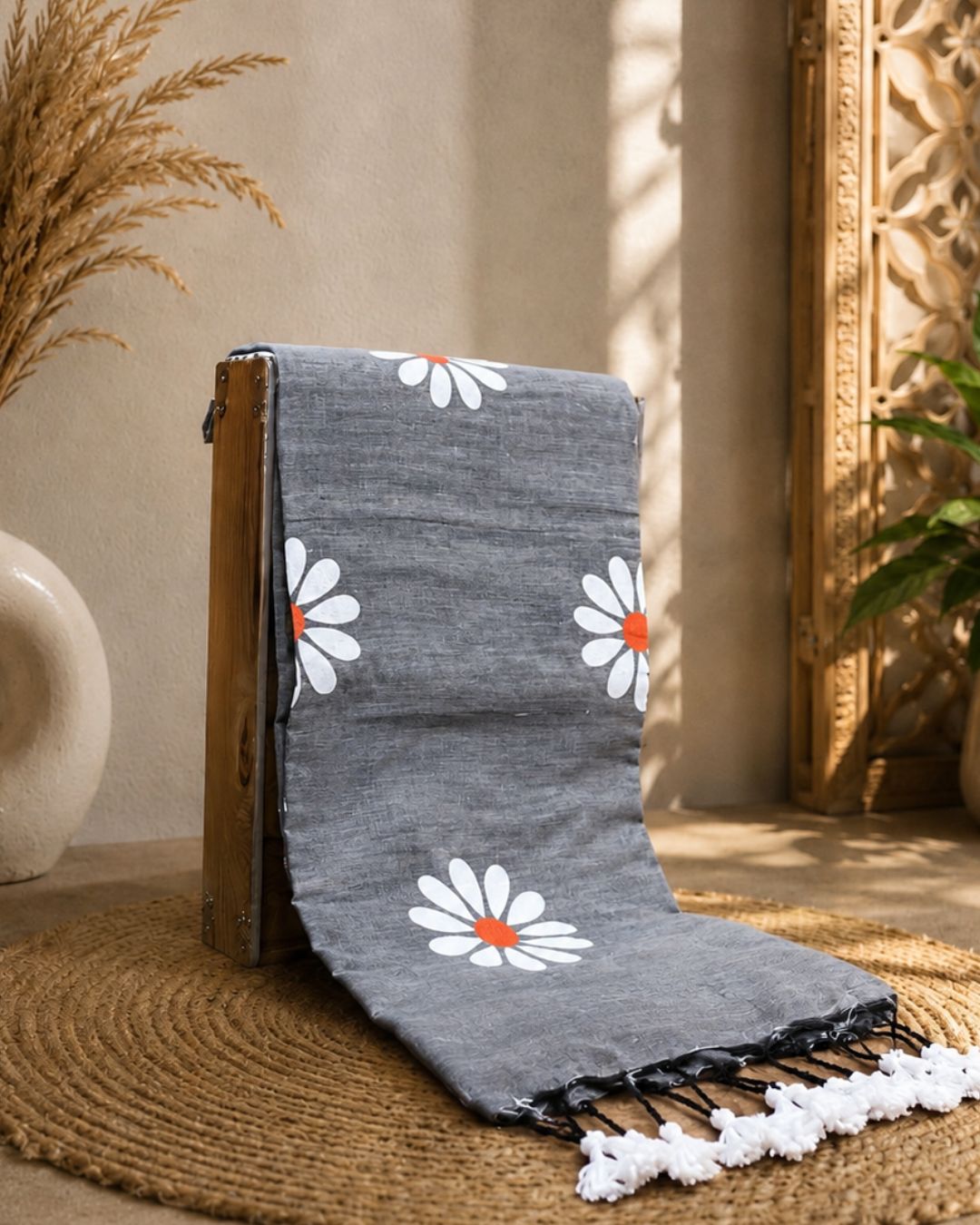 Grey Colour Cotton Floral Printed Saree