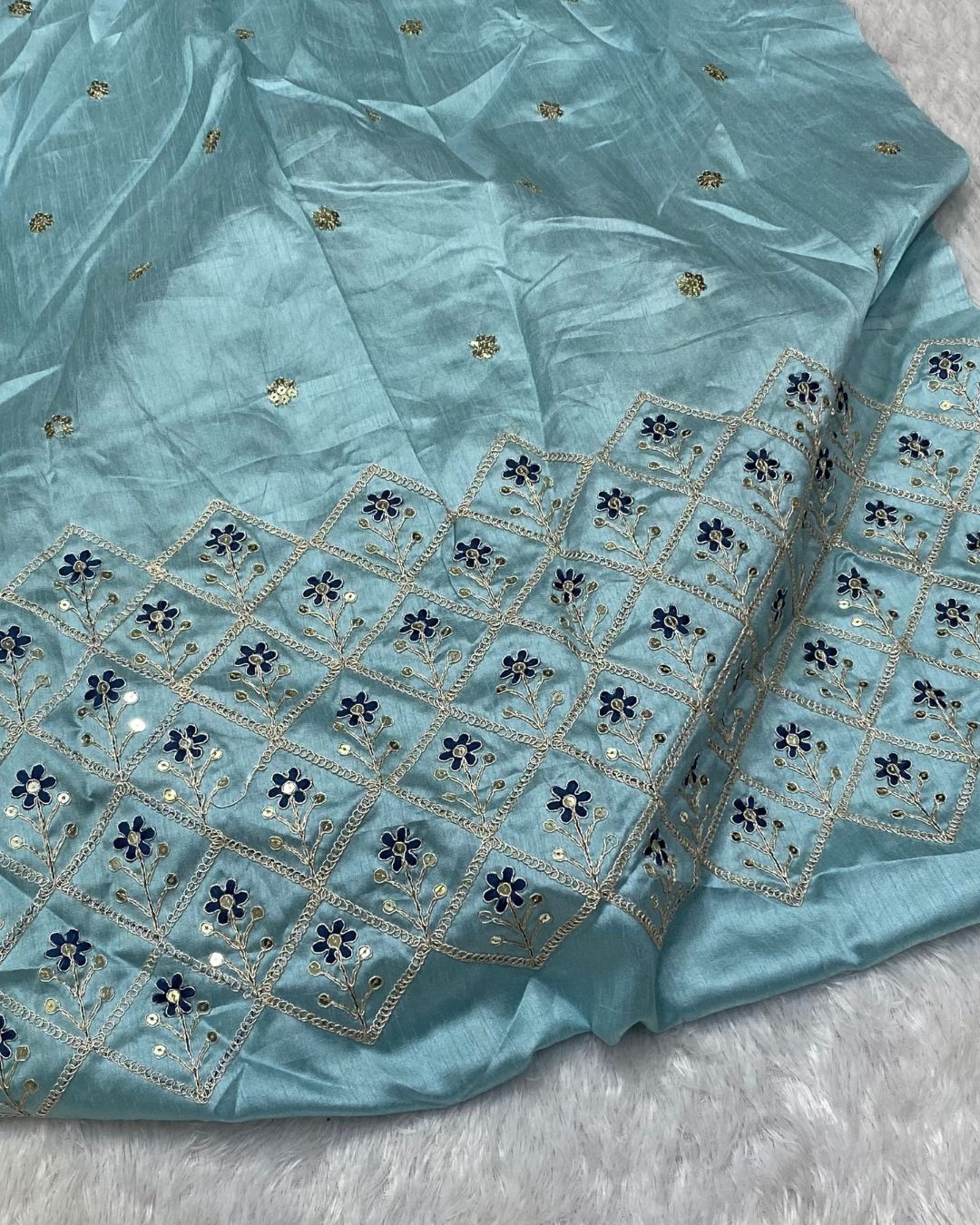 Petrol Blue Colour Chiffon Saree With Contrast Blouse