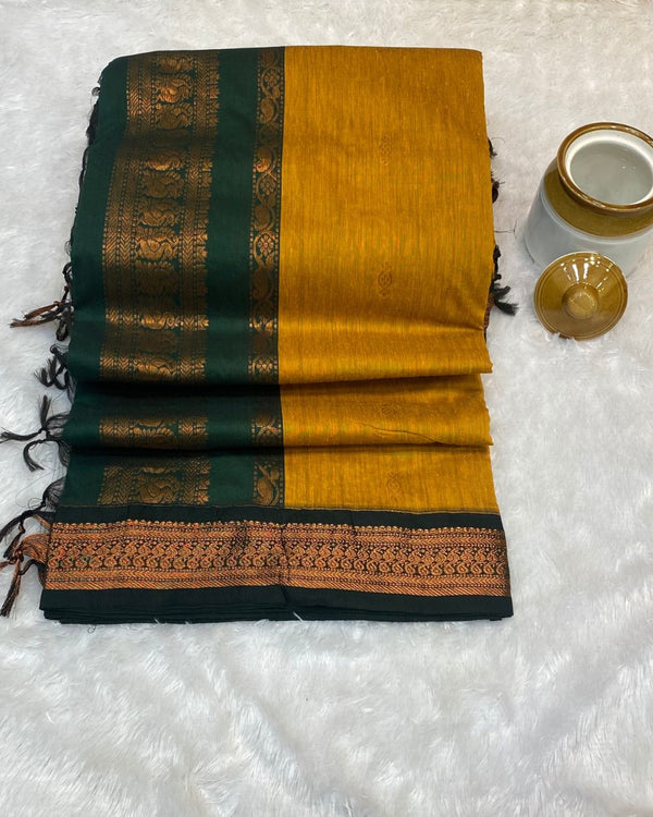 Mustard Yellow Colour Gadwal Cotton Silk Saree