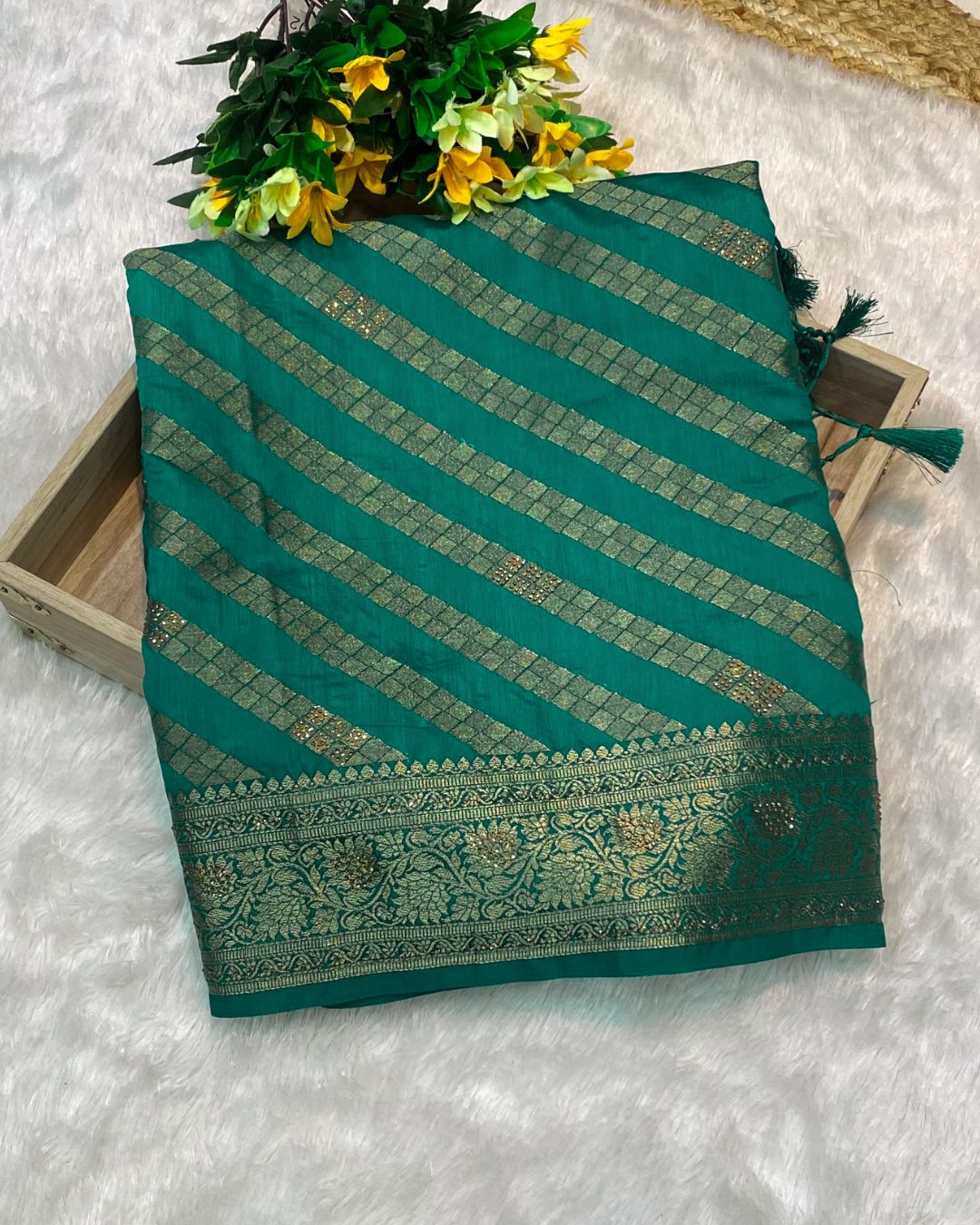 Rama Green Colour Vichitra Silk Swarovski Work Saree