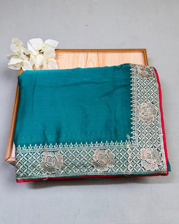 Peacock Green Colour Art Silk Work Saree with Contrast Blouse