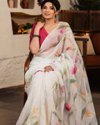 White Colour Linen Floral Cotton Saree
