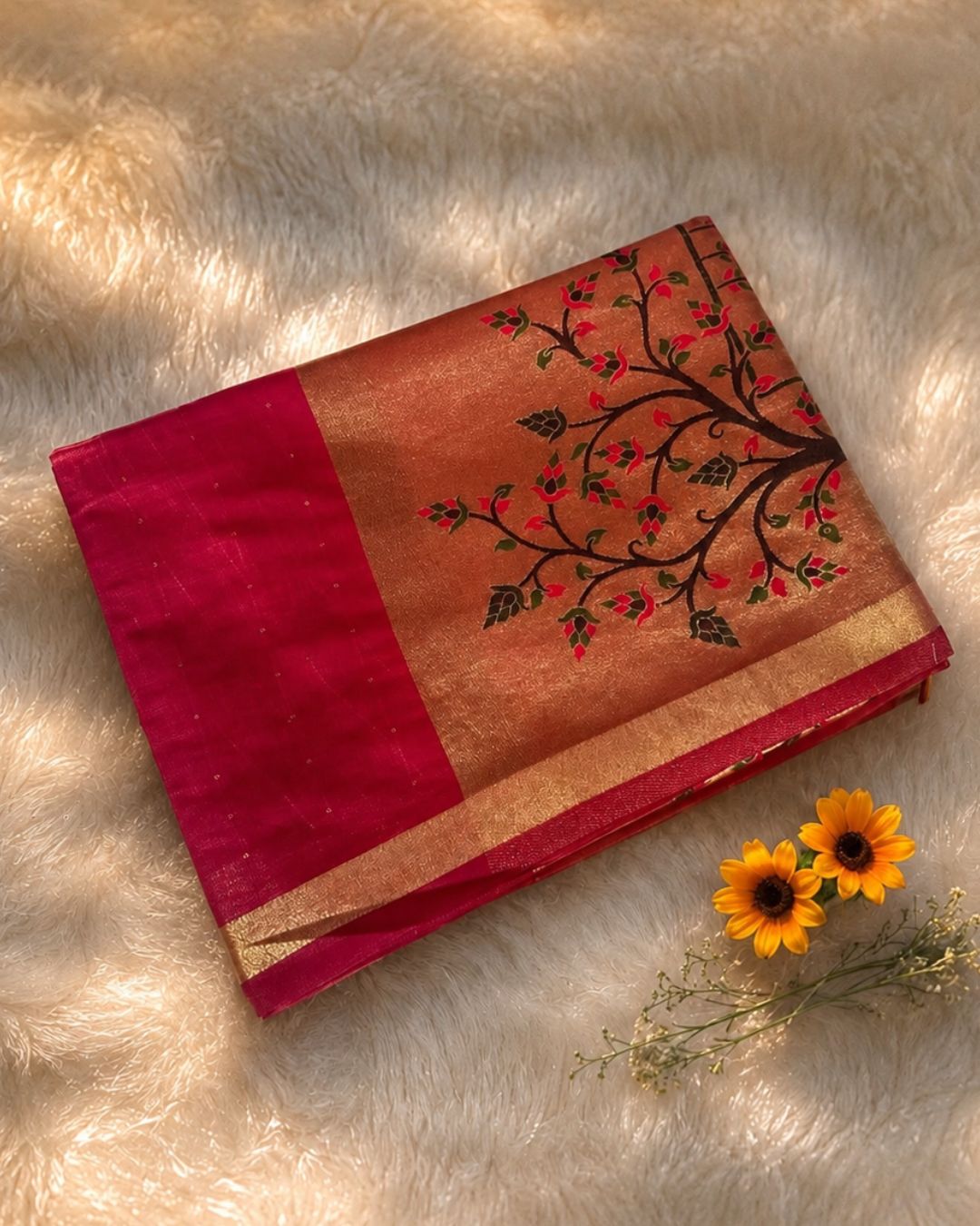 Red Colour Cotton Jamdani Saree with Sequin Work