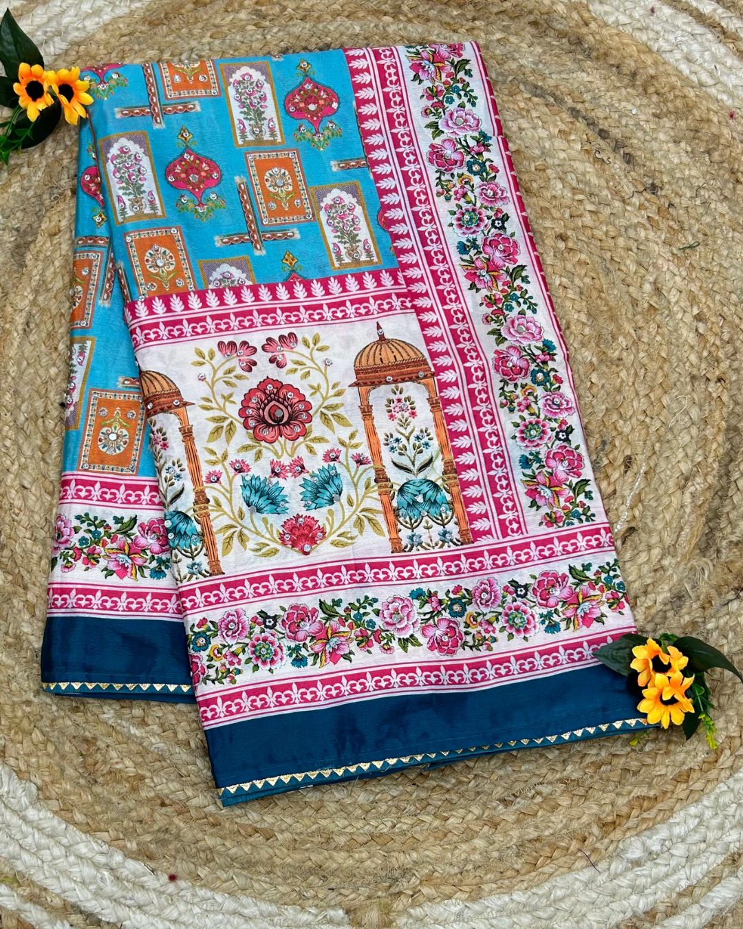 Turquoise Blue Colour Digital Patchwork Printed Saree