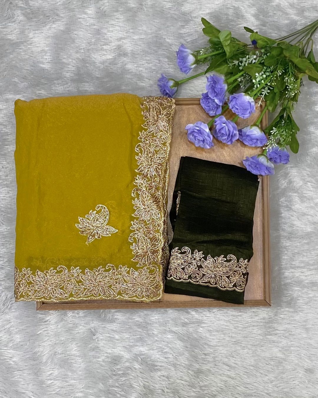 Mustard Yellow Colour Shimmer Silk Saree with Contrast Blouse Piece
