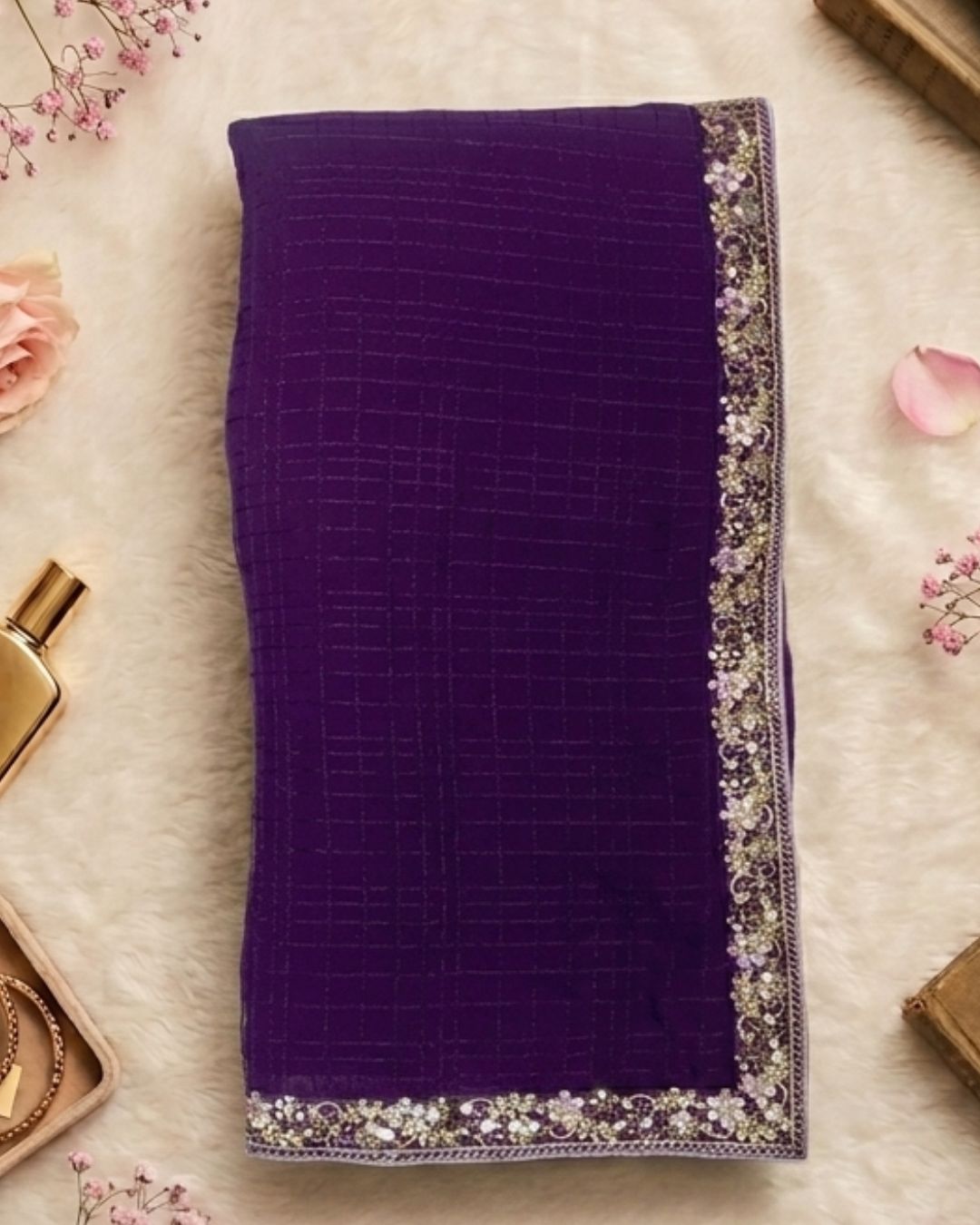 Purple Colour Chiffon Saree With Contrast Blouse