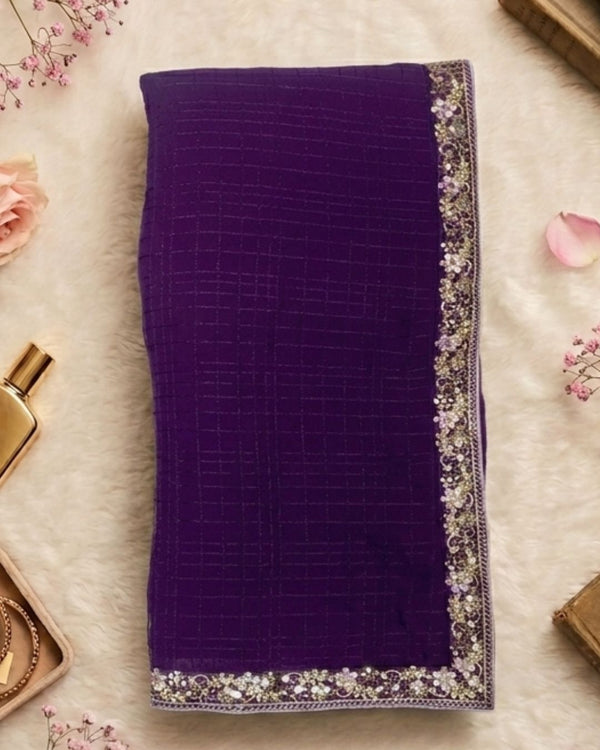 Purple Colour Chiffon Saree With Contrast Blouse