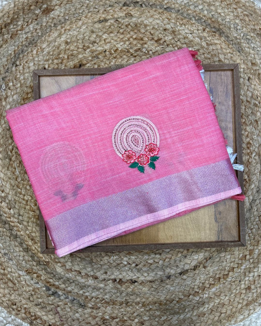 Dusty Peach Pink Colour Linen Cotton Saree