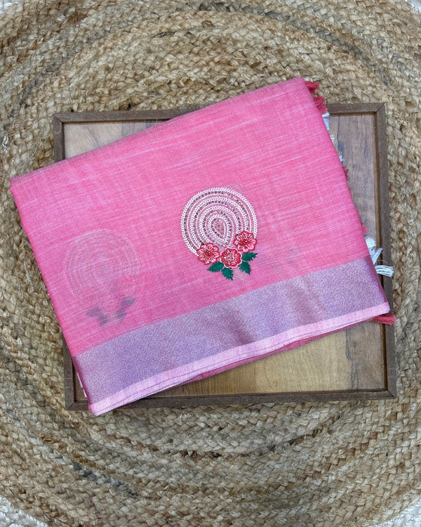 Dusty Peach Pink Colour Linen Cotton Saree