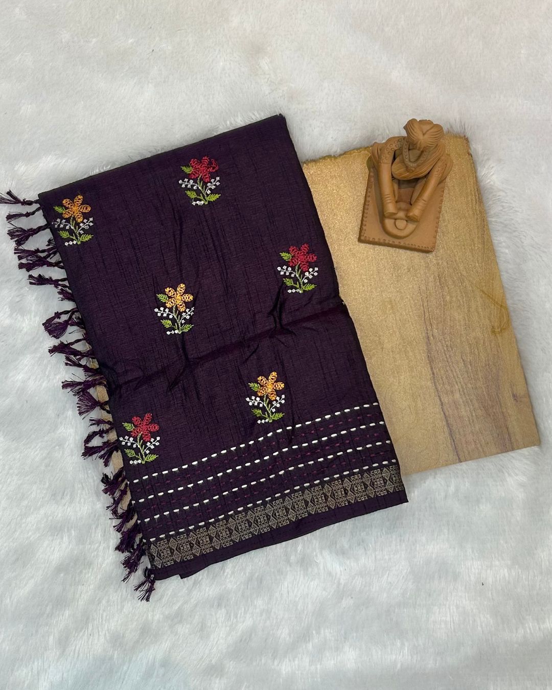 Purple Colour Katha Work Cotton Saree