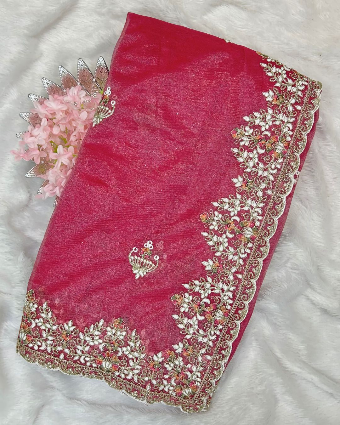 Pink Colour Soft Net Cutwork border Saree
