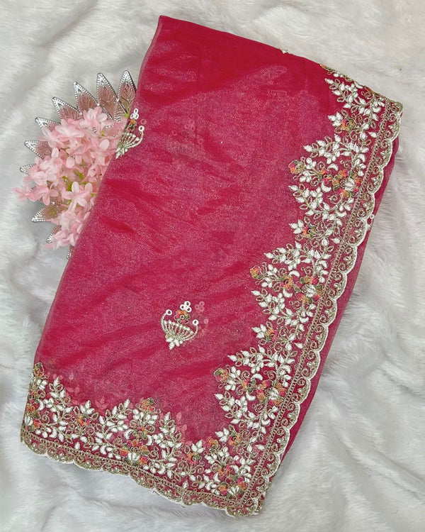 Pink Colour Soft Net Cutwork border Saree