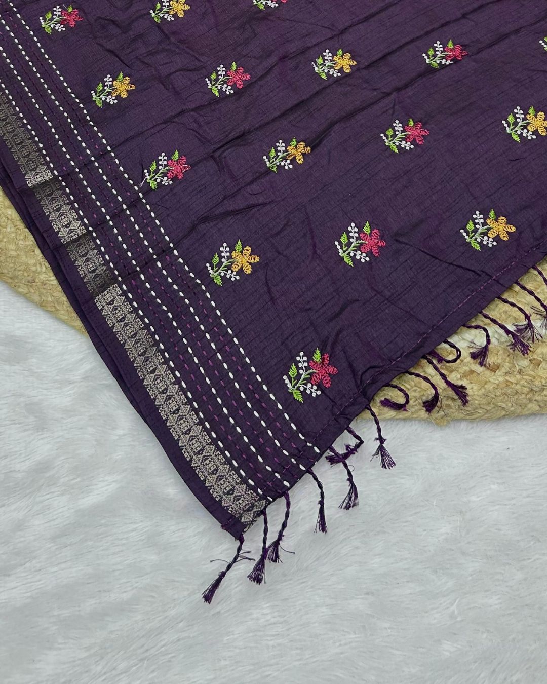 Purple Colour Katha Work Cotton Saree