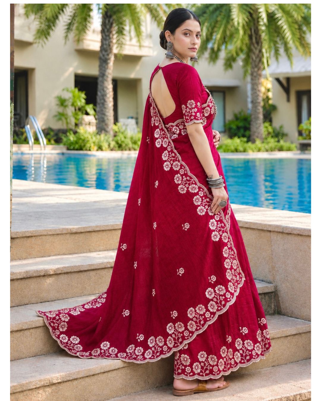Cherry Pink Colour Vichitra Silk Cut Wok Border Saree