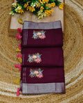 Wine Colour Jute Cotton Saree