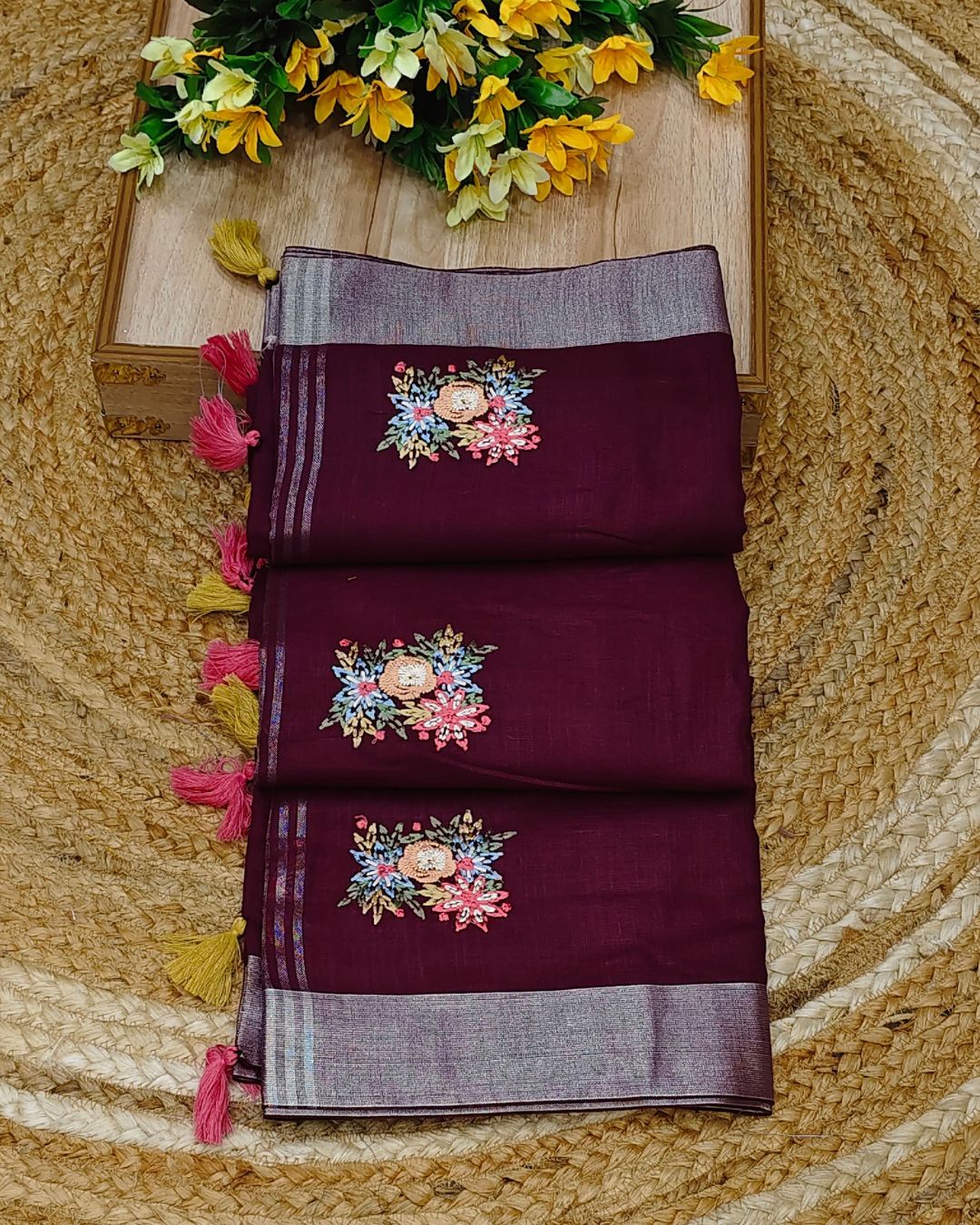 Wine Colour Jute Cotton Saree